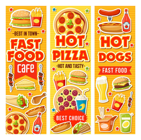 Fast food burger, pizza, drinks and desserts