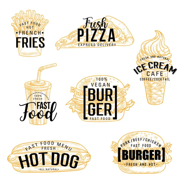 Fast food snack en drankjes, vector belettering — Stockvector