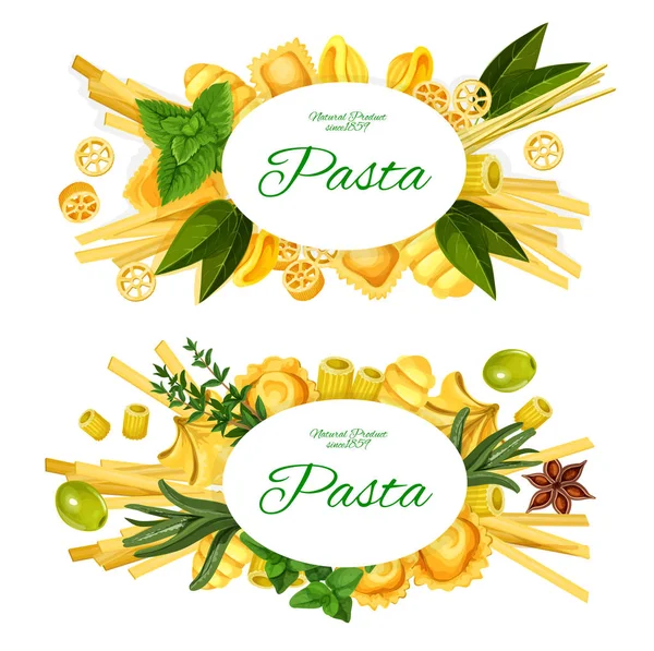 Włoski makaron, przyprawy, zioła i oliwki — Wektor stockowy