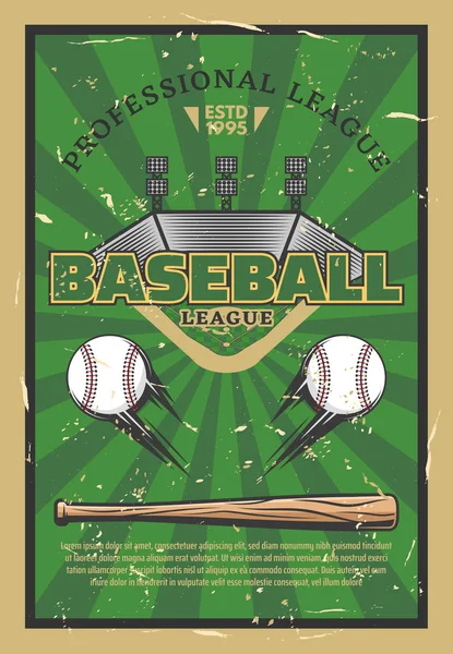 Baseball játék stadion területen a labdát és a denevér — Stock Vector