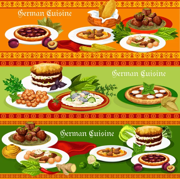 Plats de viande et de poisson allemands avec bière et desserts — Image vectorielle