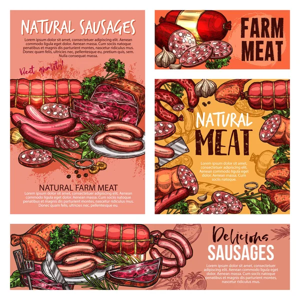 Varkensvlees en rundvlees, vlees, worst, ham, salami, spek — Stockvector
