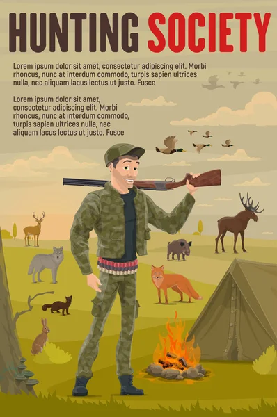 猎人, 猎枪, 鸭子和鹿 — 图库矢量图片