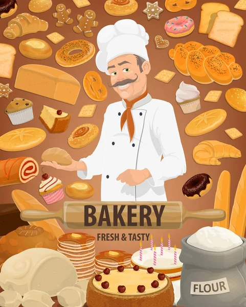 Backwaren Gebäck Vektorbäcker Brot Kuchen Und Croissant Süßigkeiten Und Baguette — Stockvektor