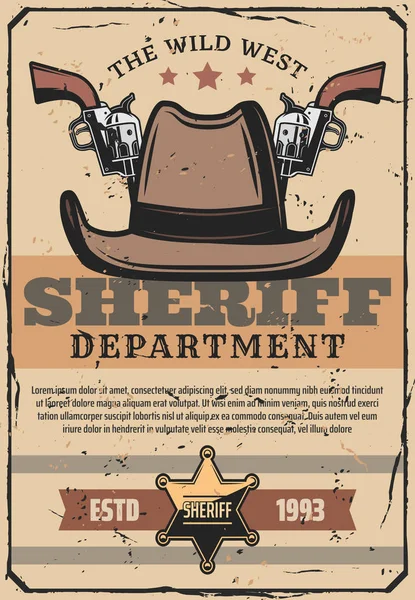 Pistola del sheriff del oeste salvaje y sombrero vaquero occidental — Vector de stock