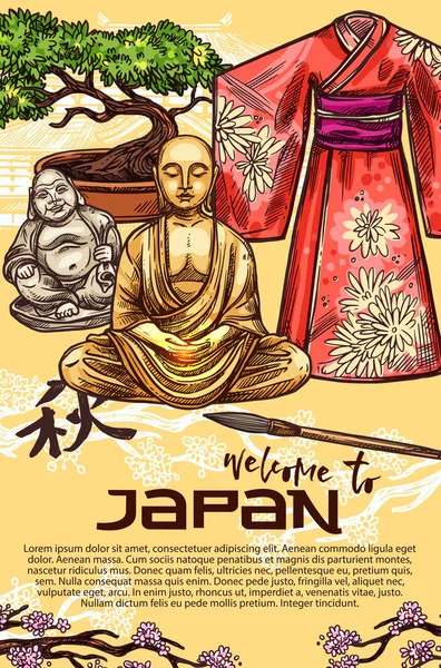 Kimono japonés, pagoda, bonsái y estatua de Buda — Vector de stock