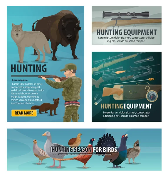 Saison de chasse animaux et oiseaux, munitions de chasse — Image vectorielle