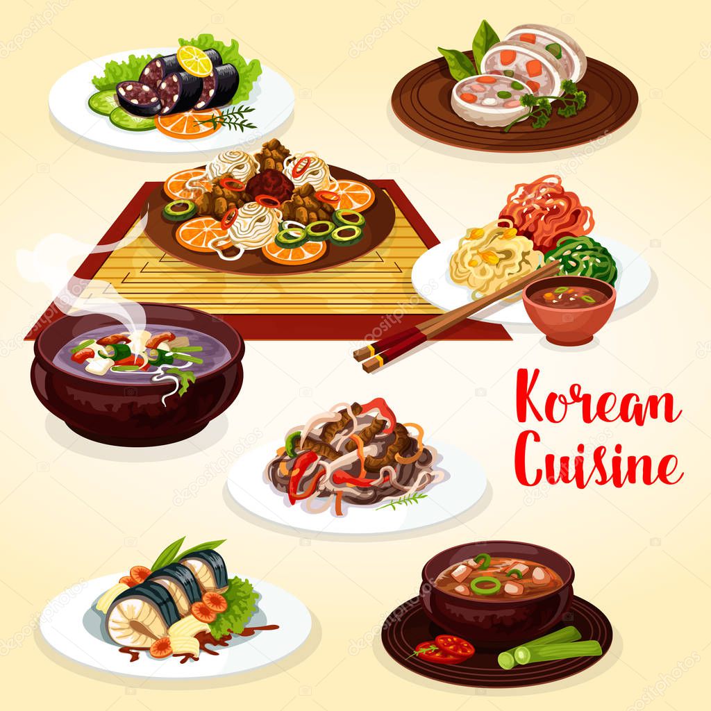 Korean cuisine veggies, meat and fish dishes
