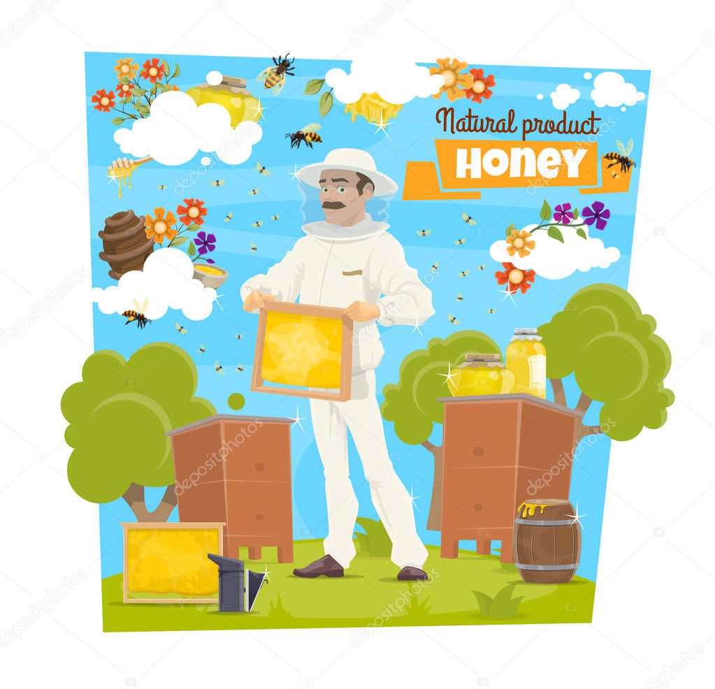 Honey, bee and beekeeper on beekeeping apiary