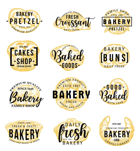 Bakkerij winkel pictogrammen met belettering, gebak eten — Stockvector