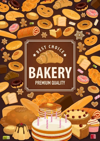 Panadería cartel de la tienda, pastelería alimentos de masa de trigo — Vector de stock