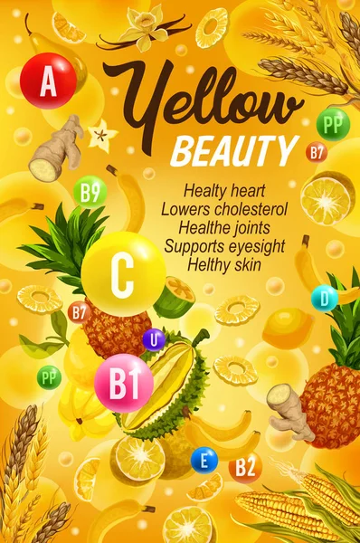 Aliments sains et vitamines, couleur jaune alimentation — Image vectorielle