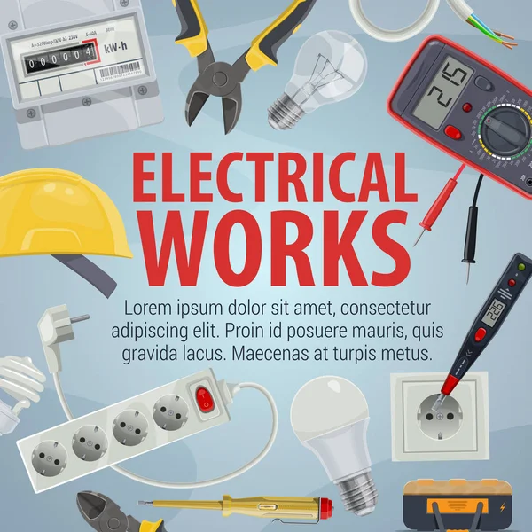 Electrician tools icons and electrical works — Stock Vector