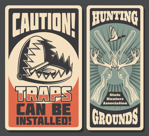 Σκεπτικό κυνήγι ρετρό αφίσες με επικίνδυνες παγίδες — Διανυσματικό Αρχείο