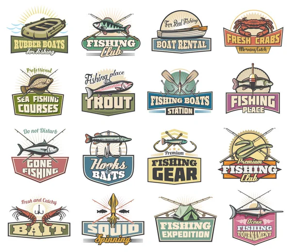 Iconos de la pesca, artículos deportivos de pesca y peces — Vector de stock