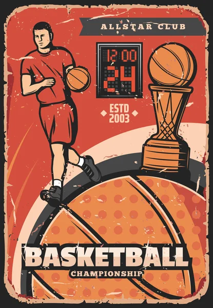 Koszykówka vintage plakat, gracza z piłką — Wektor stockowy