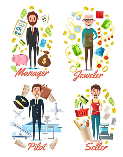 Manager, jeweler pilot and seller profession — Stock Vector
