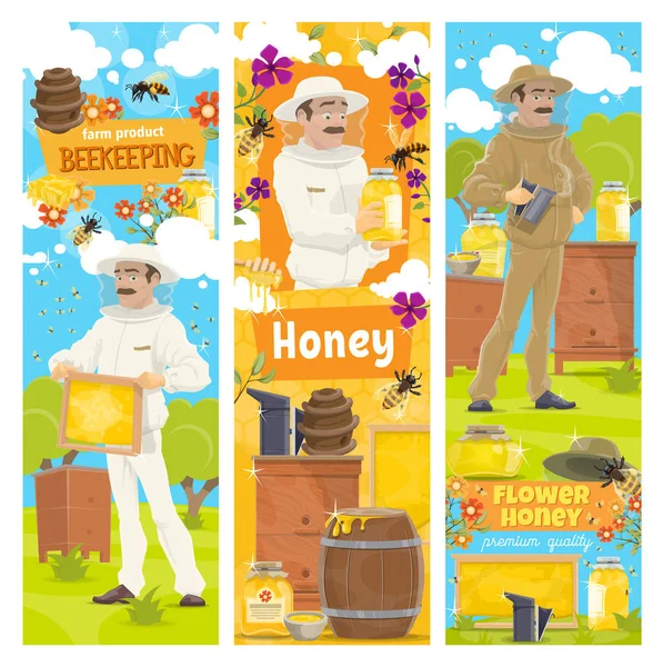 Μέλι από αγρόκτημα μελισσοκομία, μελισσοκόμο — Διανυσματικό Αρχείο