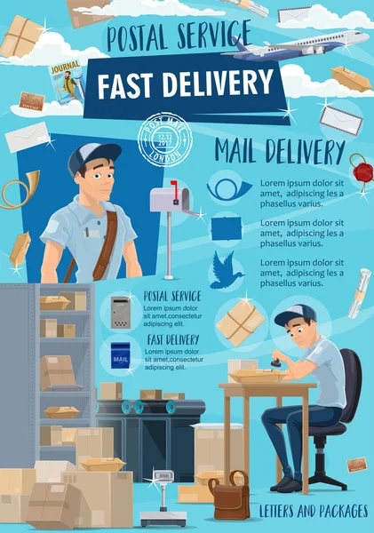 Serviço de correio postal de entrega rápida, carteiro — Vetor de Stock