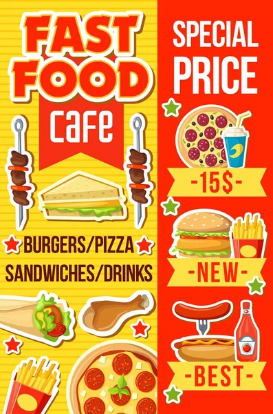 Cafe menu met fast food maaltijden en drank — Stockvector