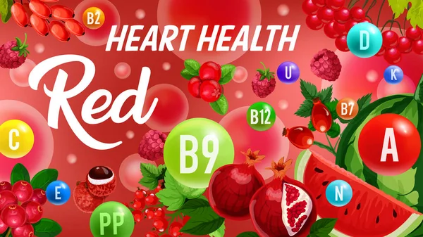 Вітамін з червоних фруктів, кольорова дієта здоров'я серця — стоковий вектор
