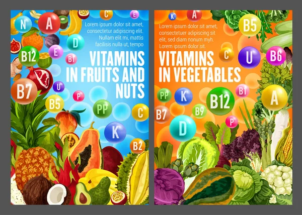 Vitaminok és ásványi anyagok formában gyümölcsök, zöldségek — Stock Vector
