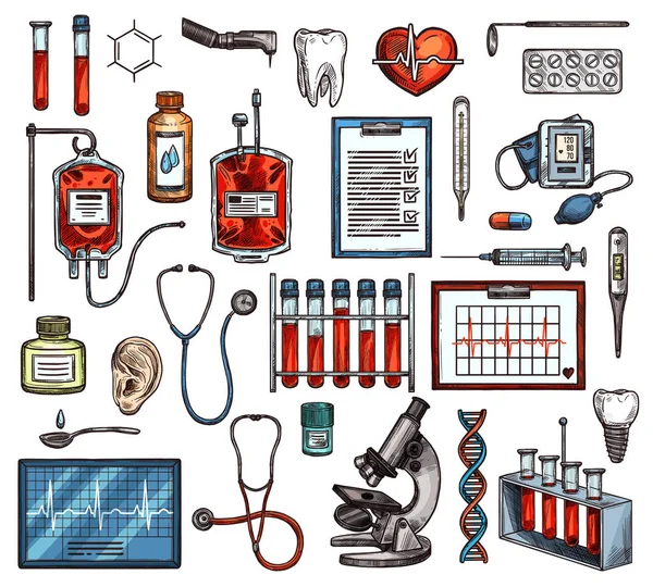 Equipos y herramientas de medicina, bosquejo vectorial — Archivo Imágenes Vectoriales