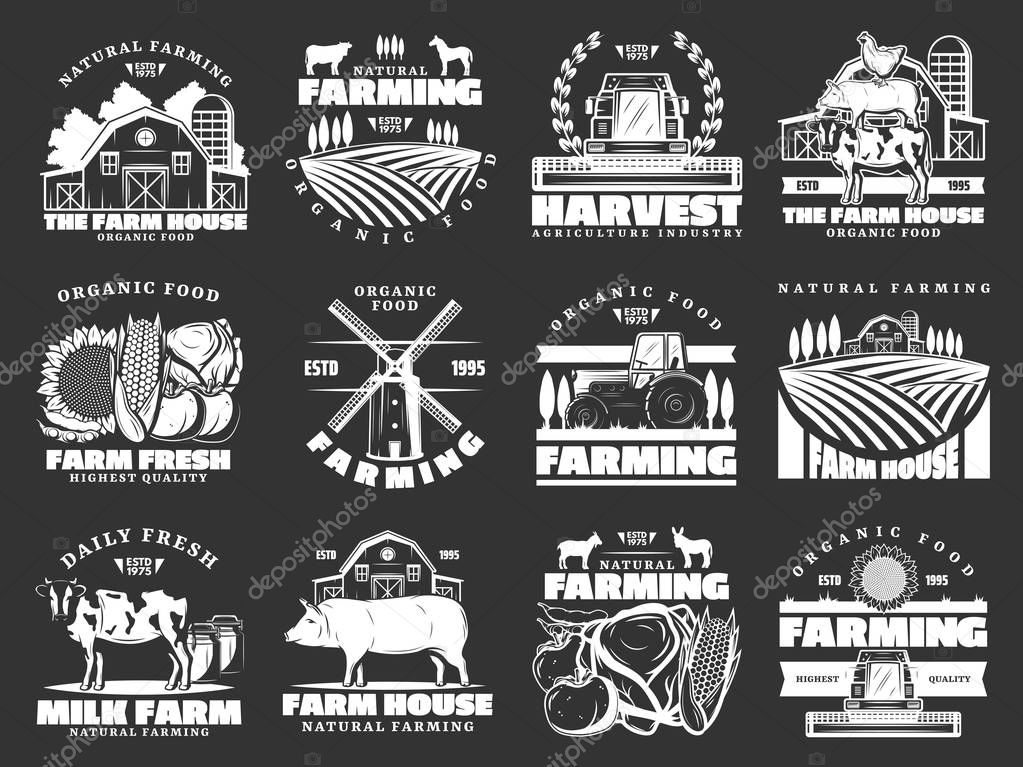 Farm and farming monochrome vector icons, harvest and animals. Organic food and meat, milk and cattle farm. Field and barn, sunflower and vegetables, pig and cow, poultry and tractor