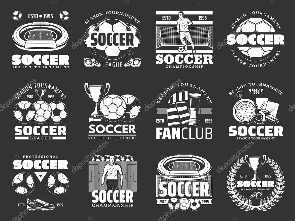 Soccer sport club and football team shield icons. Ball on heraldic shield, champion player, trophy cup and sneakers, referee and stadium. Football field, championship and fan club monochrome symbols