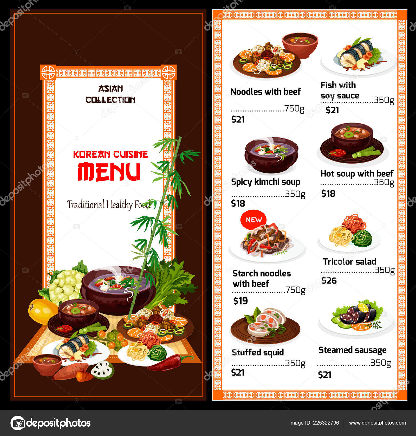 韩国菜肉、鱼和汤菜图库矢量图©VectorTradition 225322796