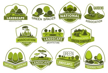 Landscape design company vector icons, urban horticulture planting premium service. Vector isolated forest trees or parkland squares and parks, green project design of city ecology, gardening clipart