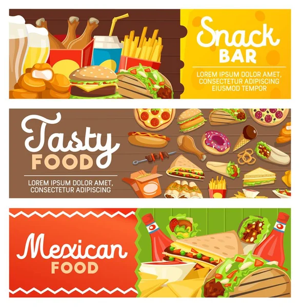 Fast food meals and snacks vector banners — Stock Vector