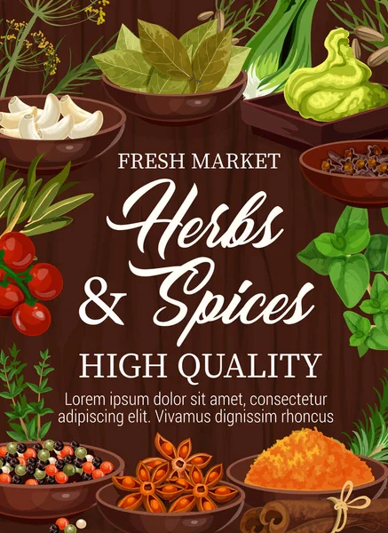 Ökológiai gyógynövények és fűszerek, Ételízesítők piac — Stock Vector