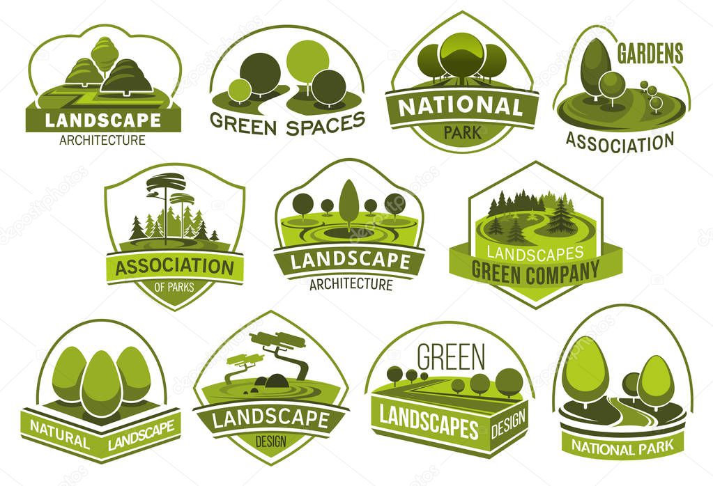 Landscape design company vector icons, urban horticulture planting premium service. Vector isolated forest trees or parkland squares and parks, green project design of city ecology, gardening