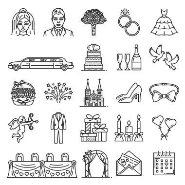 Düğün ve evlilik töreni vektör simgeler