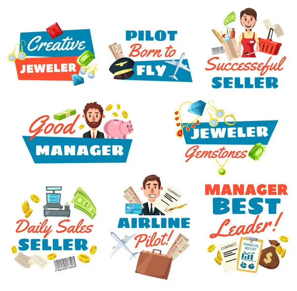 Jeweler seller, pilot and businessman — Stock Vector