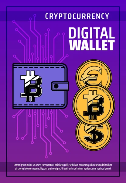 Bitcoin criptomoneda, billetera blockchain digital — Vector de stock