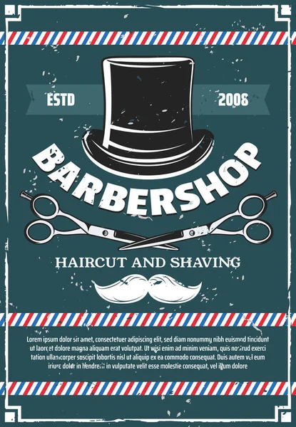 Barbershop schaar en snorren, man hoed — Stockvector