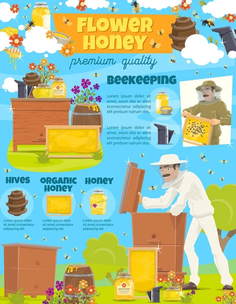 Affiche apiculture miel ruche et apiculteur — Image vectorielle