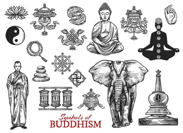 Boeddhisme religie symbolen schets vector iconen — Stockvector
