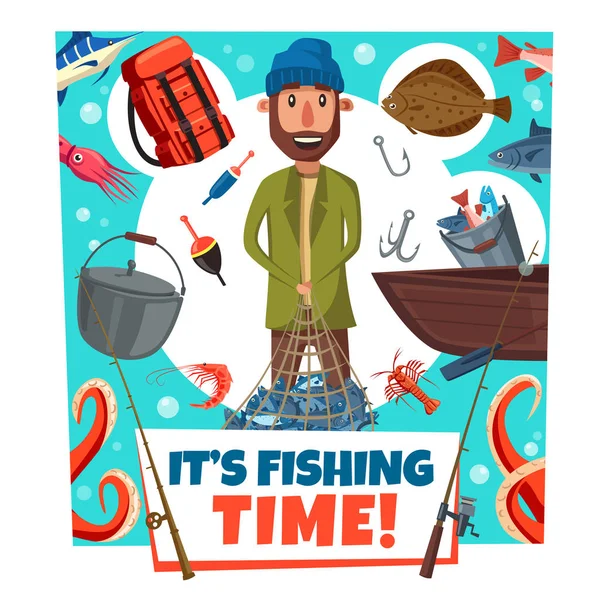 Fishing time fisher man lures and tackles, cartoon — Stock Vector