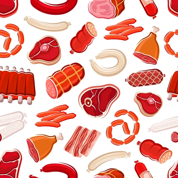 Butcher meat and sausages seamless pattern — Stock Vector