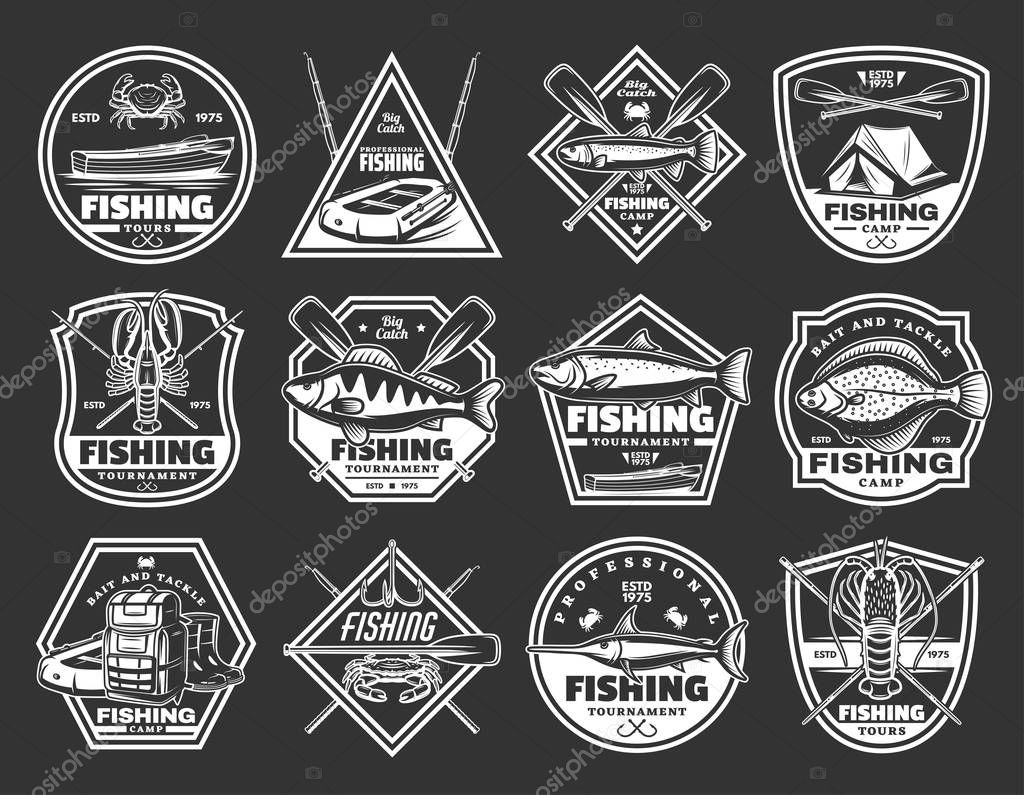 Fishing icons of fisher camp and fish sport catch. Vector isolated fisherman adventure badges of hook, rod and boat paddles, flounder and perch, salmon or marlin and sea bass fish