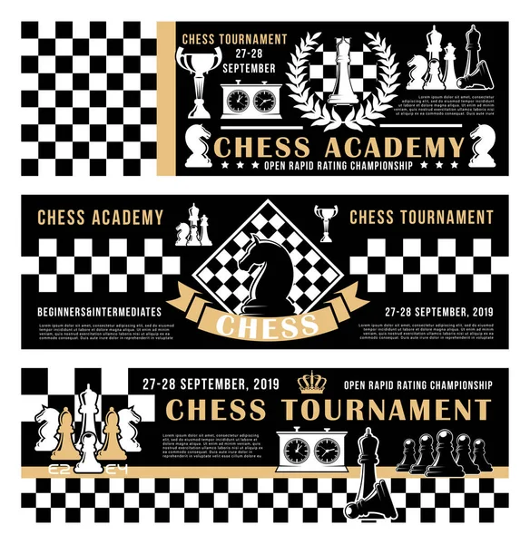 Académie de jeu d'échecs, affiche vectorielle du tournoi ouvert — Image vectorielle