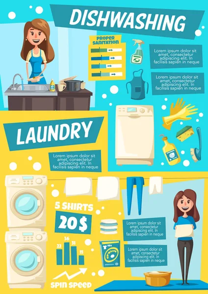 Lavanderia e lavaggio stoviglie servizio domestico, vettore — Vettoriale Stock