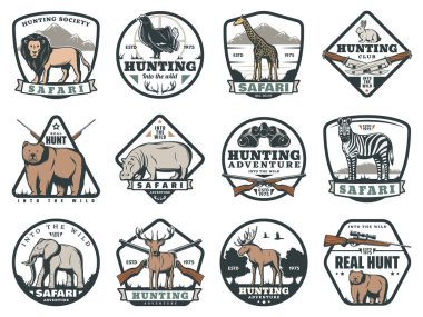 Hunting sport or safari adventure icons, vector clipart