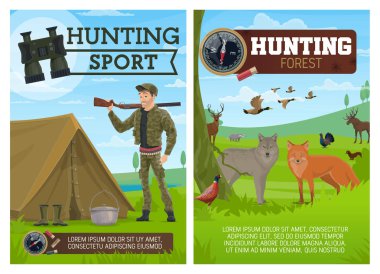 Hunting sport poster, hunter and animals clipart
