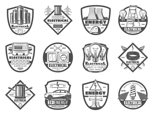 Industrie électrique et énergétique, icônes monochromes — Image vectorielle