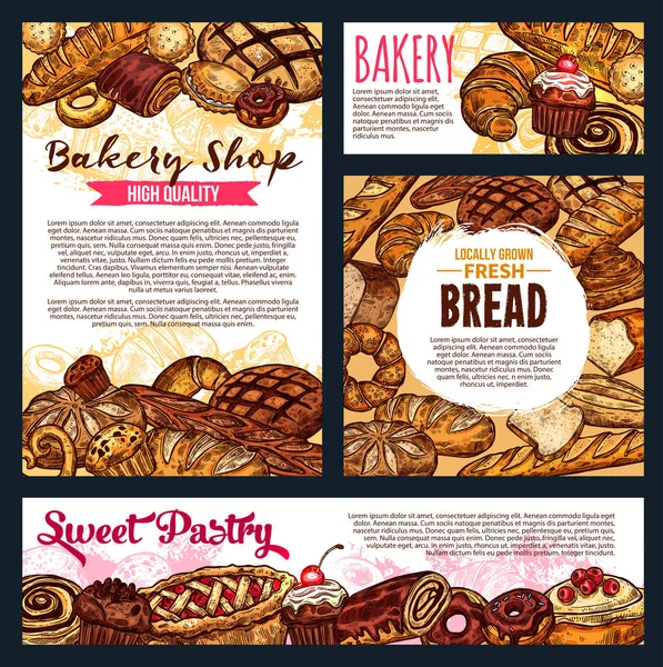 Bakkerij Winkel Banners Brood Gebak Gebakken Voedsel Vector Tarwe Brood — Stockvector