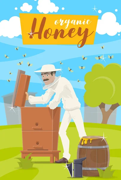 Honey farm. Včelař a úlu včelařství — Stockový vektor